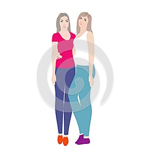 Two young women stand hugging. Lovely happy best friends girls hugging. Simple flat vector illustration.