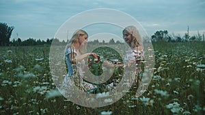 Two young women in summer dresses sit in a field and pour white wine into glasses