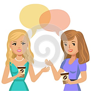 Two young women talking in cafe. Gossip girls. Meeting friends.