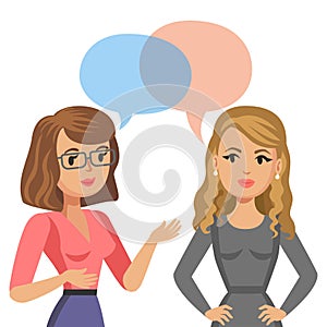 Two young women talking. Meeting colleagues or friends. Gossip
