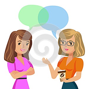 Two young women talking. Meeting colleagues or friends. Vector