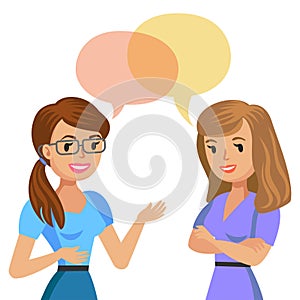 Two young women talking. Meeting colleagues or friends. Vector