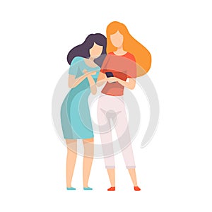 Two Young Women Talking to Each Other Looking at Smartphone Vector Illustration