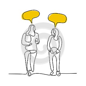 Two young women walking together and talking with speech bubbles continuous line drawing. Young girl discussing about daily