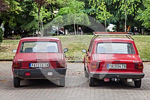 Two Zastava and Yugo 55 red cars parked. Also known as Skala, it is a generic name for a family of cars built by Zastava