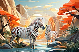 two zebras are standing in front of a river