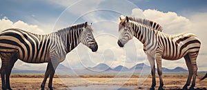 Two zebras standing in a grassland field under the cloudy sky