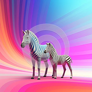 two zebras standing next to each other on a colorful background