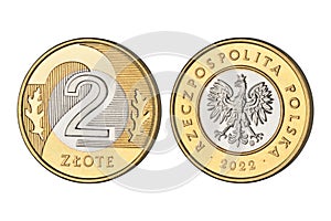 Two zloty coin Poland money currency isolated on white