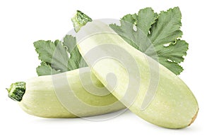 Two zucchini with a green leaf on a white background. Isolated