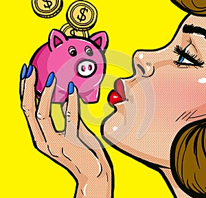 TWoman kissing a piggy bank in Pop Art style.Vintage pop art poster.Woman with money