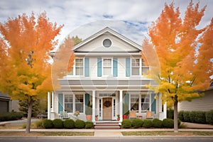 twostory colonial with shutters, framed by autumn trees