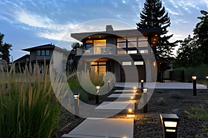 twostory modern home with led path lights at dusk