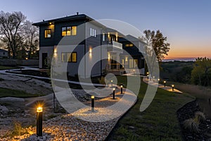 twostory modern home with led path lights at dusk