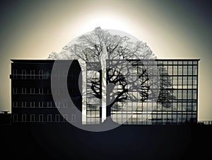 A twotoned silhouette of a corporate building and a tree side by side demonstrating how business and environment can