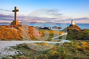 Twr Mawr lighthouse and the St Dwynwen\'s cross, Anglesey island, Wales