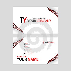 The TY logo on the red black business card with a modern design is horizontal and clean. and transparent decoration on the edges.