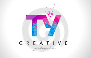 TY T Y Letter Logo with Shattered Broken Blue Pink Texture Design Vector.