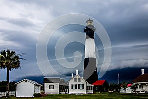 Tybee island beach lighthouse with thunder and lightning