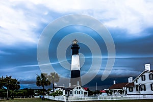 Tybee island beach lighthouse with thunder and lightning