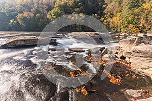 Tygart River cascades over rocks at Valley Falls S