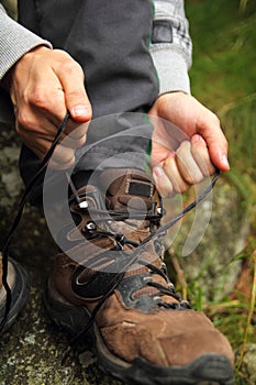 Tying hiking boots