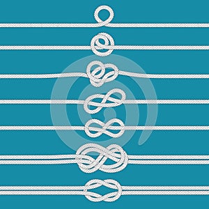 Tying knot. Nautical tied rope knots, marine ropes and wedding cordage divider vector illustration set