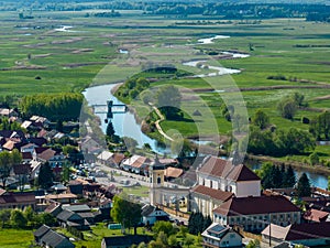 Tykocin city - drone aerial town landscape - meandering Narew river