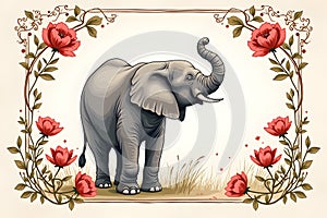 tylized illuminated Greeting card with Elephant. Frame of animal