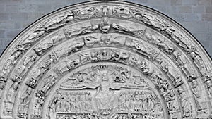 Tympanum and lintel, showing Last Judgement iconography in Basilique of Saint-Denis