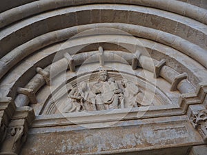 tympanum of the main door of the monastery of vallbona de las nuns, lerida, spain, europe