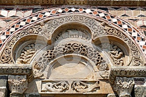Tympanum sculpted above the entrance to the Saint-Michel chapel at the top of the Aiguilhe rock near Le Puy-en-Velay