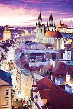 Tyn cathedral, Prague castle and Old Town UNESCO, Prague, Czech Republic, view from Powder gate