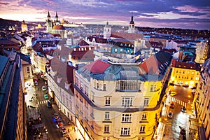 Tyn cathedral, Prague castle and Old Town UNESCO, Prague, Czech Republic, view from Powder gate