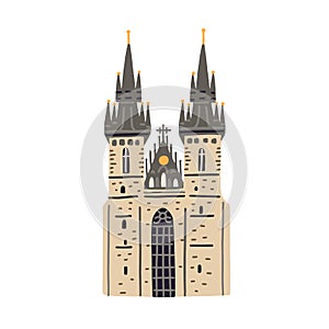 Tyn church in Prague. Old Czech building with black towers and gothic spires. Colored flat vector illustration of