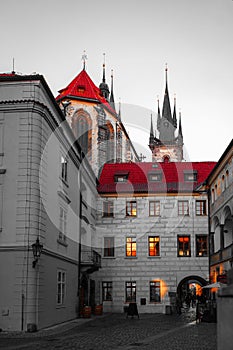 Tyn Yard, Tynsky dvur, Ungelt, Old Town, Prague, Czech Republic. View of the Tyn Church from the courtyard