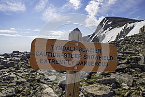 Tyndall Glacier steep snowfield sign extremely dangerous