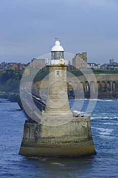 Tynemouth lighthouse in Great Britain, port entrance to Newcastle