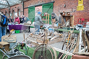Tynemouth Metro Station Weekend Flea Market.  Stall selling vintage and old tools and garden impliments