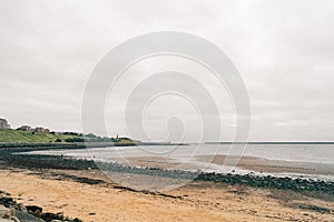 Tynemouth, UK - July 2023 A view of the Long Sands beach on the North East of England coastline.