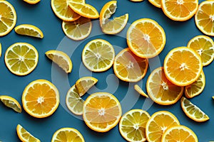 Type 2 diabetes concept with healthy food treatment and body enabling with lemons, oranges on blue background