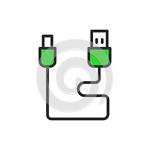 Type-C cord, in line design, green. Type-C, cord, cable, connector, USB, reversible, fast on white background vector photo