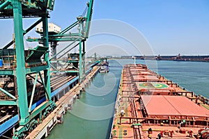 Type of cargo terminal and cranes, berths for transshipment of bulk cargo, iron ore and coal. Port Zhuhai, China