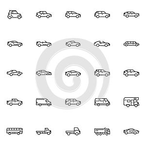 Type of cars line icons set