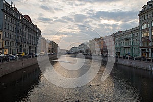 Type of channel and the coast at sunset. Spring. Saint-Petersburg. Russia.
