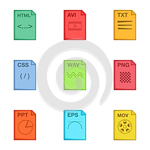 Type of file icons set, cartoon style