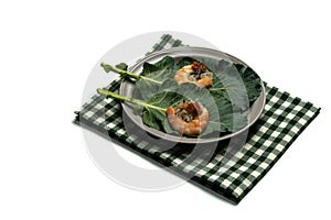 A type of Leaf Wraps and Rice  Ssambap  eaten with boiled shrimp, rice and soybean paste in vegetable leaves