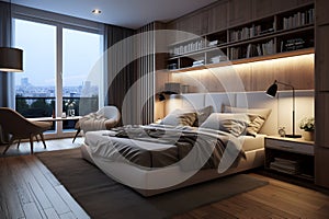 Type of a luxurious modern bedroom with a large bed, a panoramic window, a floor lamp and carpet