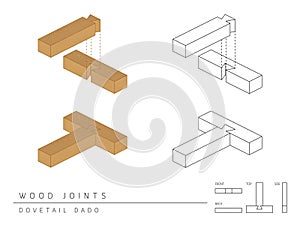 Type of wood joint set Dovetail Dado style, perspective 3d with top front side and back view isolated on white photo
