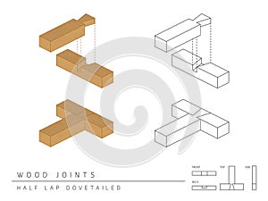 Type of wood joint set Half Lap Dovetailed style, perspective 3d with top front side and back view isolated on white